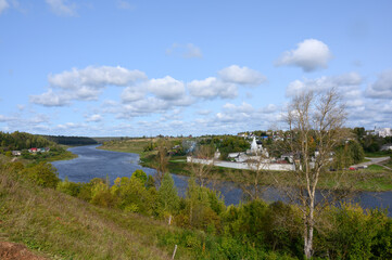 View of the Volga River and the Staritsky Holy Dormition Monastery, Staritsa, Tver region, Russian Federation, September 20, 2020