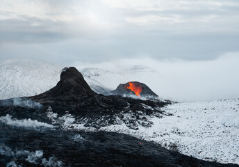 Iceland Volcanic eruption 2021. The volcano Fagradalsfjall is located in the valley Geldingadalir...