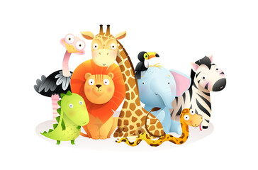 Wild exotic african baby animals group isolated on white background. Cute colorful safari animals sitting together, clip art for kids. Vector cartoon in watercolor style. © Popmarleo