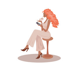 Young girl looking at the phone and drinking coffee. White background. Vector illustration.