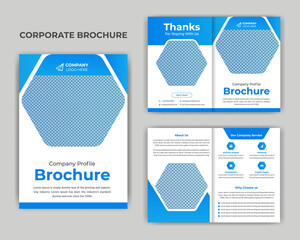 Bifold brochure design. Blue template for bi-fold flyer. Layout with modern triangle photo and abstract background. Creative concept folded flyer or brochure.