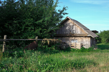 Gray old wooden house in the village