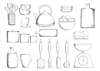 Kitchen utensil set drawn on white