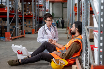 Fototapeta premium Checking pulse of warehouse mover dropped on floor