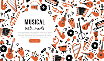 Hand drawn banners template with musical instrument, guitar, saxophone. Doodle sketch style. Vector illustration for music shop, musical instrument banner, music festival flyer, brochure background - obrazy, fototapety, plakaty