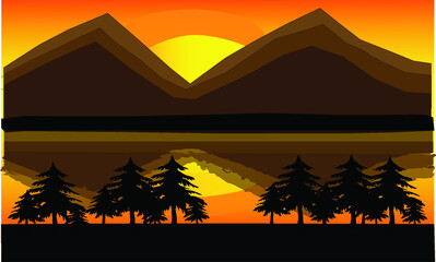 Beautiful landscape illustration with sunset in the mountains
