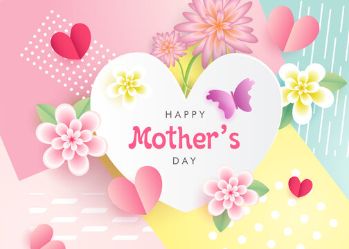 Happy mothers day realistic background wallpaper vector with flowers, heart and butterfly, Mother's Day greeting poster, banner design