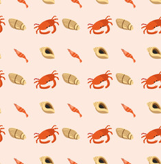 Fototapeta premium Crab, shrimp and shell pattern on a pale pink background for printing or textiles