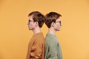 Twin men in sweaters standing against bright background