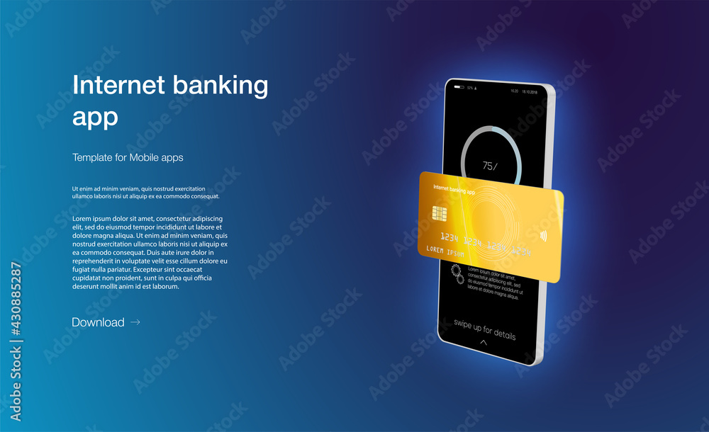 Poster internet banking app. mobile phone payment with nfc technology and high level payment security. wire