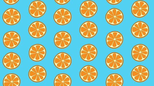 Seamless loop animation of orange slices image. Rotation citrus on a blue background. Image of burger. Blue pattern with orange fruit.