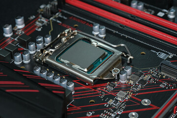 Desktop pc cpu installed on hi tech motherboard,computer components chip