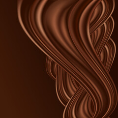 Chocolate wavy background. Twisted chocolate swirl  with smooth silk texture. Dark brown color flow. For poster or banner decoration. Vector illustration