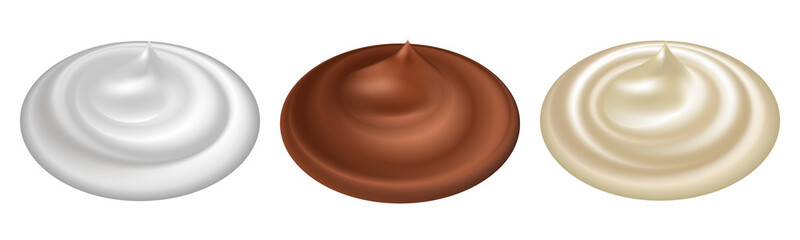 Whipped cream, chocolate mousse, mayonnaise. Set of swirl splashes. Creamy realistic texture. Isolated icons. Vector illustration