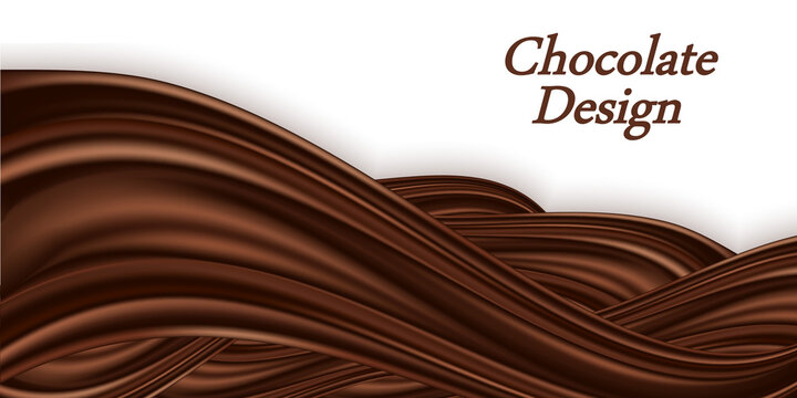 Chocolate swirl wave on white background. Smooth satin texture, creamy chocolate  color flow. Twisted dark bron waves, border for poster or banner. Vector illustration.