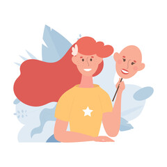 Happy smiling woman taking off her mask vector flat illustration. Female character refusing decorative cosmetics in favor of natural beauty. Body positive, beauty diversity concept.