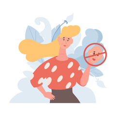 Elder woman with wrinkles refusing to wear mask vector flat illustration. Female character rejecting decorative cosmetics in favor of natural beauty. Body positive, all ages are beautiful.