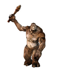 Fototapeta premium 3D rendering of a huge fantasy troll swinging a club weapon isolated on white.