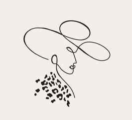 Modern linear portrait of young beautiful woman wearing hat.  Profile face in one line style. Vector illustration