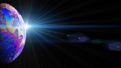 Soap bubble. Abstract galaxy background with globe planet earth in universe space with sunlight on dark background. Concept of apocalypse, armageddon, doomsday.