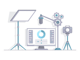 Obraz premium Recording studio vector flat illustration. Light screen, microphone, video camera for making audio or video content, streaming. Studio for bloggers, TV, or radio hosts. Social media concept.