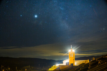 Murillo de Gallego village in Huesca Aragon Spain on August 18, 2020  The church tower and stars
