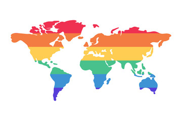 Rainbow world map vector flat icon design isolated on white background. Colorful continents and countries. Pacifism, peace and love. Multicolored map for diversity, equality and tolerance.