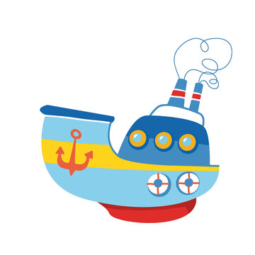 Ship motor ship with red stripe and anchor. Schooner kids print is bright. For the decor of postcards, clothes, stickers, clipart. Children s cartoon transport. Summer water travel cruise art cute fun