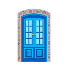 Blue cartoon door with a window framed by stones. Vector illustration in cartoon style. Isolated clipart on white background fun.