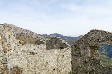 Fototapeta na wymiar Ruins of Rocca Sparviera, a ghost village located in the Alpes-Maritimes, France