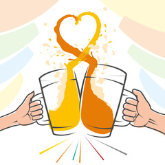 Clink glasses with beer for cheers. Splashes create a love heart shape. Hands of a man and a woman are holding beer mugs. Banner for Beer fest Oktoberfest. Wide contour lines. Vector illustration.