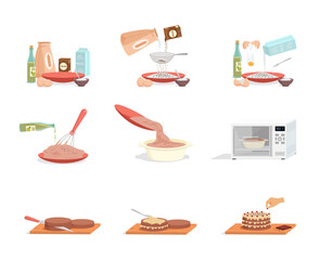 Preparation of sweet tasty birthday cake step by step vector flat illustration isolated on white background. Instruction how to prepare pastry. Food and ingredients for chocolate cake preparation.