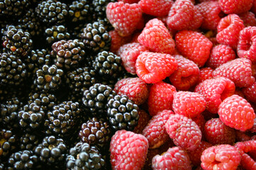 Fresh blackberries and raspberries. Blackberries versus raspberries. Blackberries and raspberries close up, macro. Sweet fresh ripe berries mix. Food background.