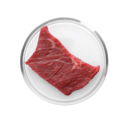 Petri dish with piece of raw cultured meat on white background, top view