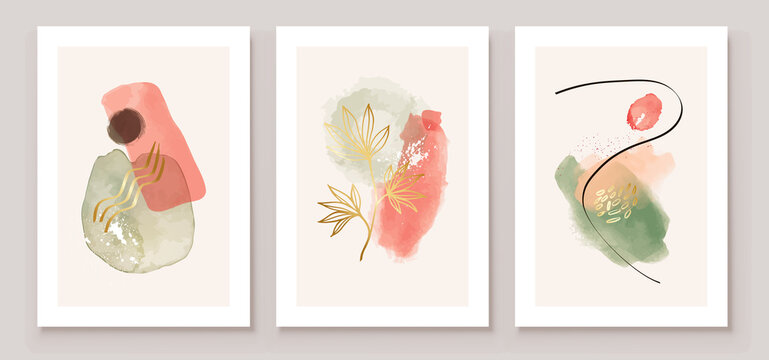 Teal and Peach Abstract Watercolor Compositions. Set of soft color painting wall art for house decoration or invitations. Minimalistic background design. Vector wall art plants in minimalist style.