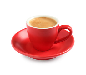 Aromatic coffee in red cup on white background