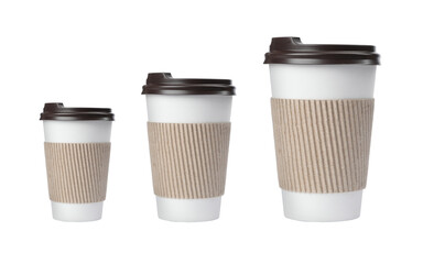 Set with different takeaway coffee cups on white background