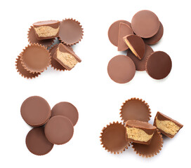 Set with delicious peanut butter cups on white background, top view