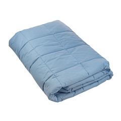 The blue cotton blanket is folded several times. White isolated background. Side view