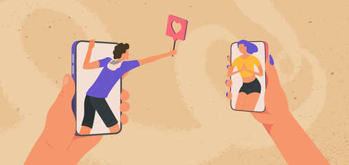 Young man and girl looking at each other on smartphones. Online meeting and flirting. Male giving a like female in social media. Boy telling he love girl by phone.