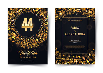 44th years birthday vector black paper luxury invitation double card. Forty four years wedding anniversary celebration brochure. Template of invitational for print dark background with bokeh lights