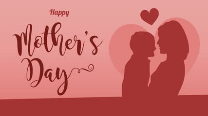 Mother's day postcard with mother and son, and pink background. Vector symbols of love in shape of heart.