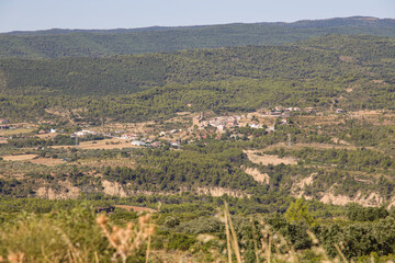 Landscape of the Mallos de Riglos (famous geological formations) with the town of Riglos, in the province of Huesca Aragon, Spain