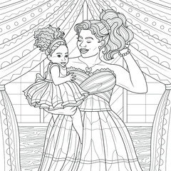 Mom holds her daughter in her arms.Coloring book antistress for children and adults. Illustration isolated on white background.Zen-tangle style. Hand draw