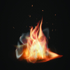Realistic fire flames, Burning icons on transparent black background