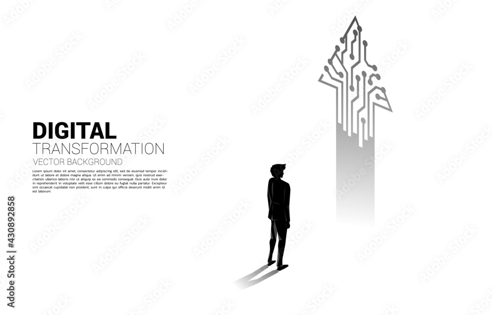 Poster silhouette of businessman standing with arrow from dot connect line circuit. concept of digital tran