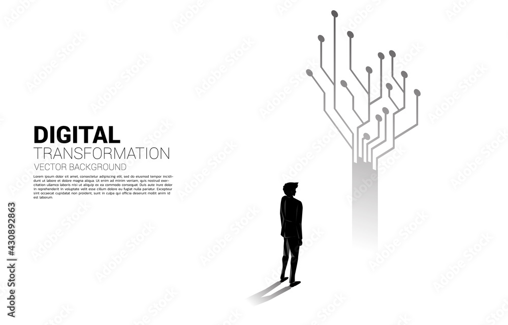 Poster silhouette of businessman standing with tree from dot connect line circuit. concept of digital trans