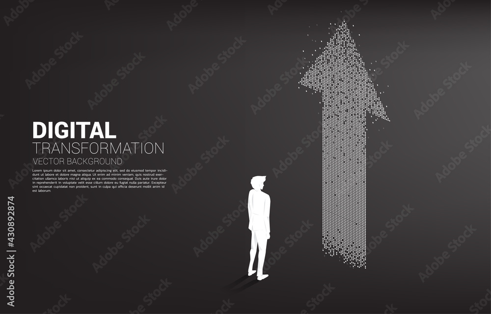 Poster Silhouette of businessman standing with the arrow from pixel. concept of digital transformation of business.