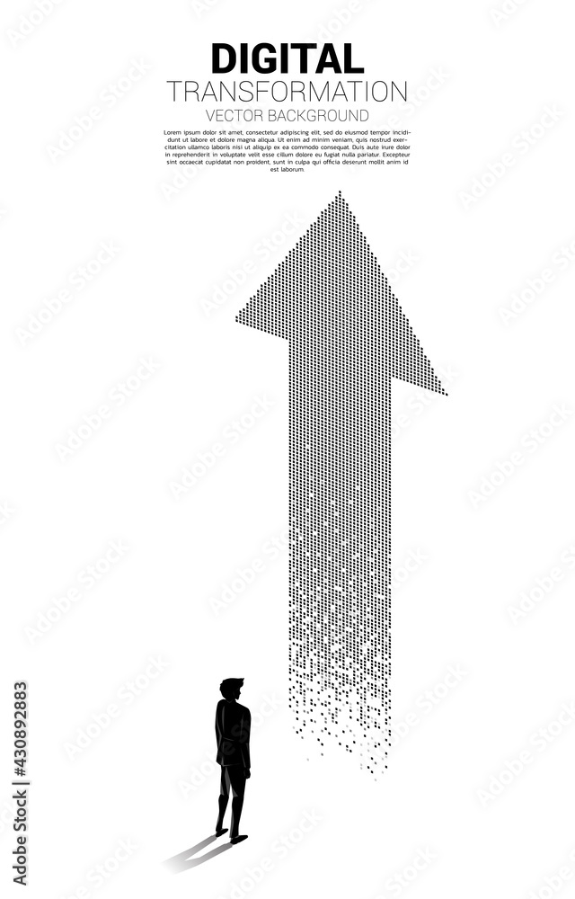 Poster silhouette of businessman standing with the arrow from pixel. concept of digital transformation of b