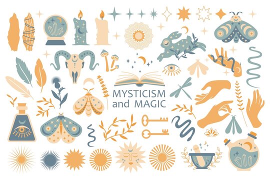Set of magic symbols, esoteric witch tattoos. Collection of crescent moon, sun with face, hands, plants, magic ball and stars, crystals. Vector flat mystic vintage illustration. Boho design for card